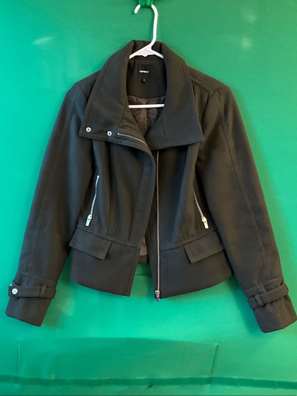 Express Dark Olive Zip-Front Wool-Blend Moto Jacket